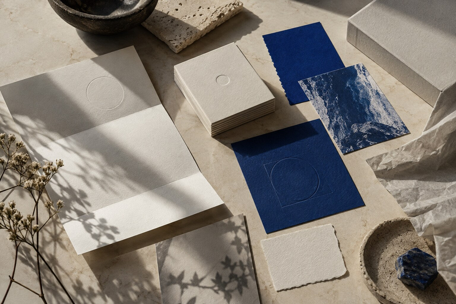 Printed identity materials, textured paper and cobalt color samples