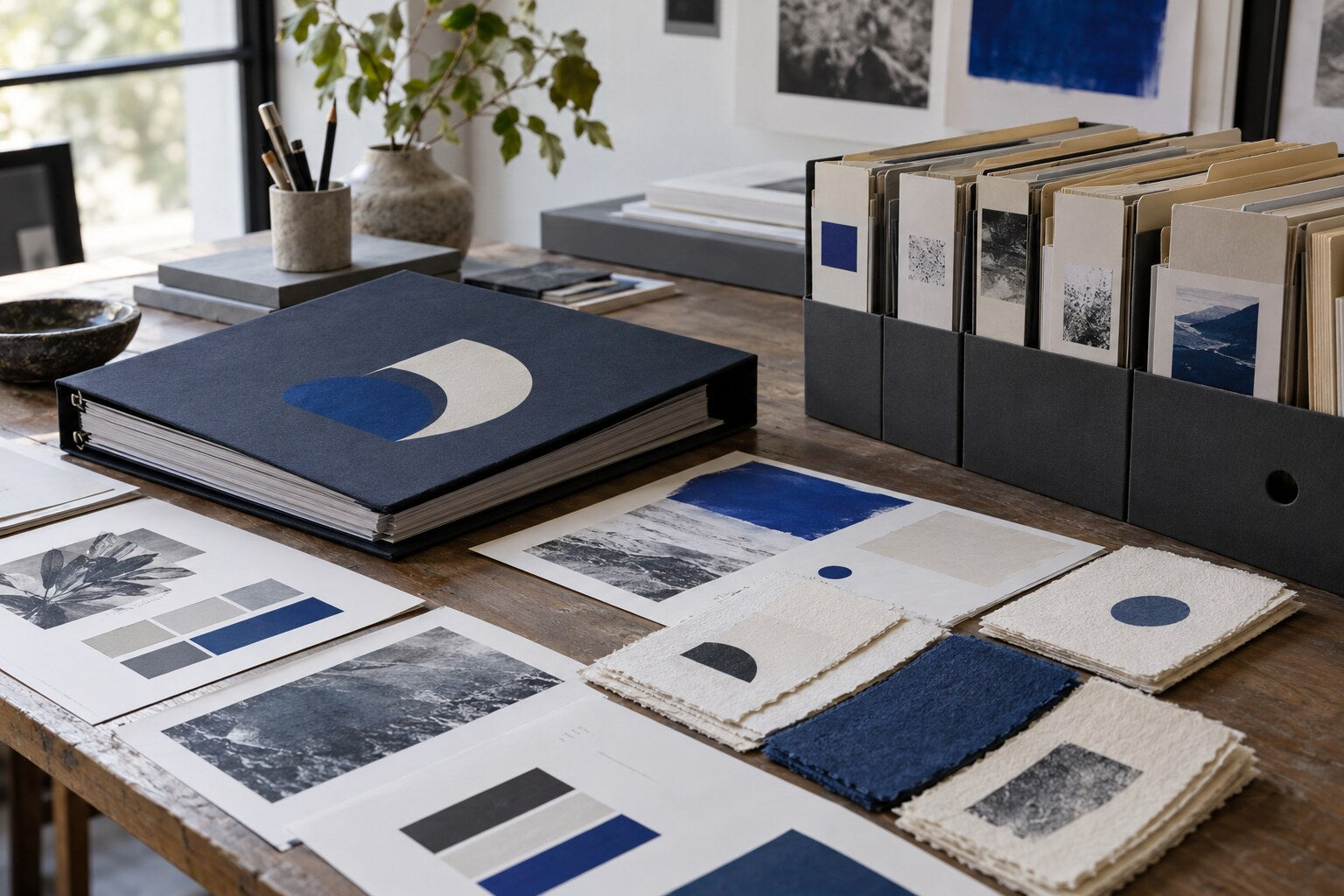 Organized brand guidelines, paper samples and production folders