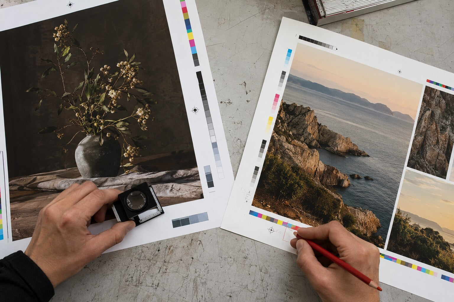 Offset proofs being checked with a print loupe