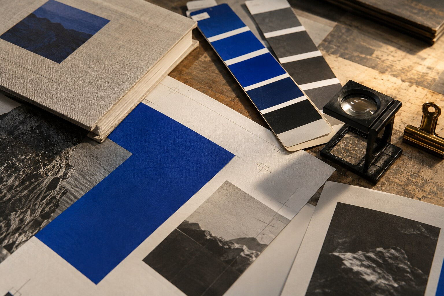 Printed identity sheets, color swatches and a linen guideline proof being checked on a studio table